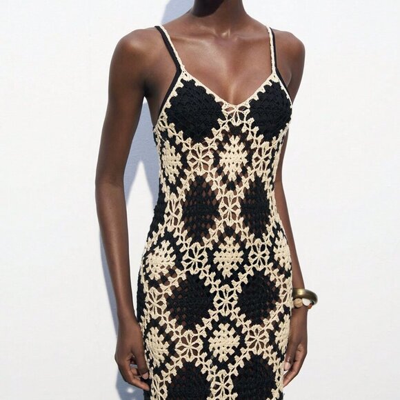 Black and White Party Women's Contrast Color Crochet Knit Sweater Dress - Picture 4 of 8